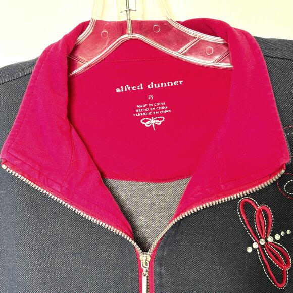 Alfred Dunner Wms 18 Blue Knit Full Zip Jacket Pink Dragonfly With Rhinestones - Picture 4 of 12